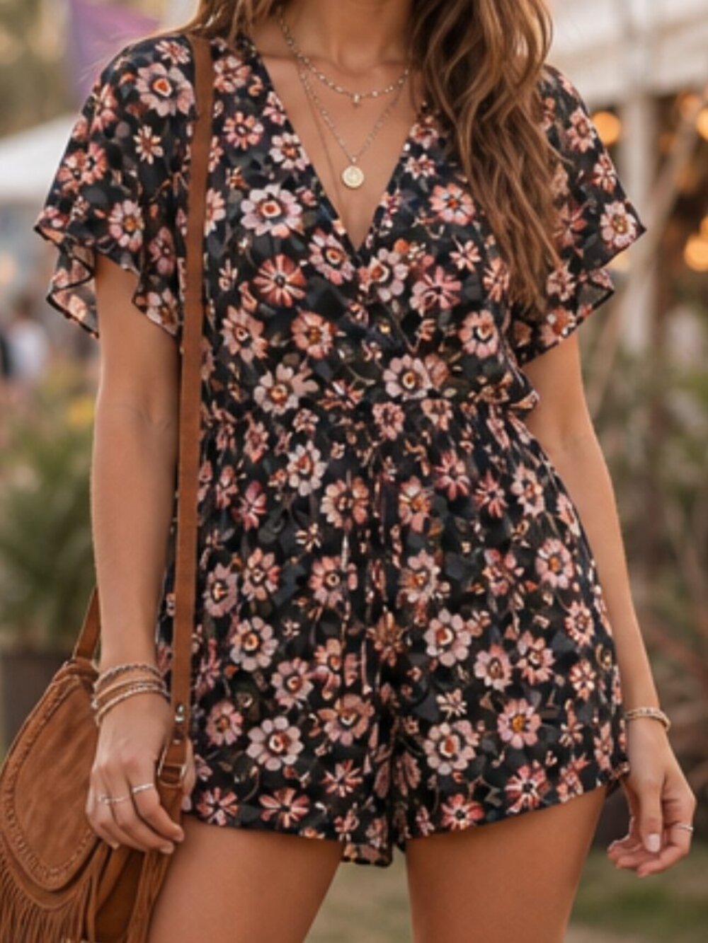 Band Of Gypsies Floral Tassel Romper Medium